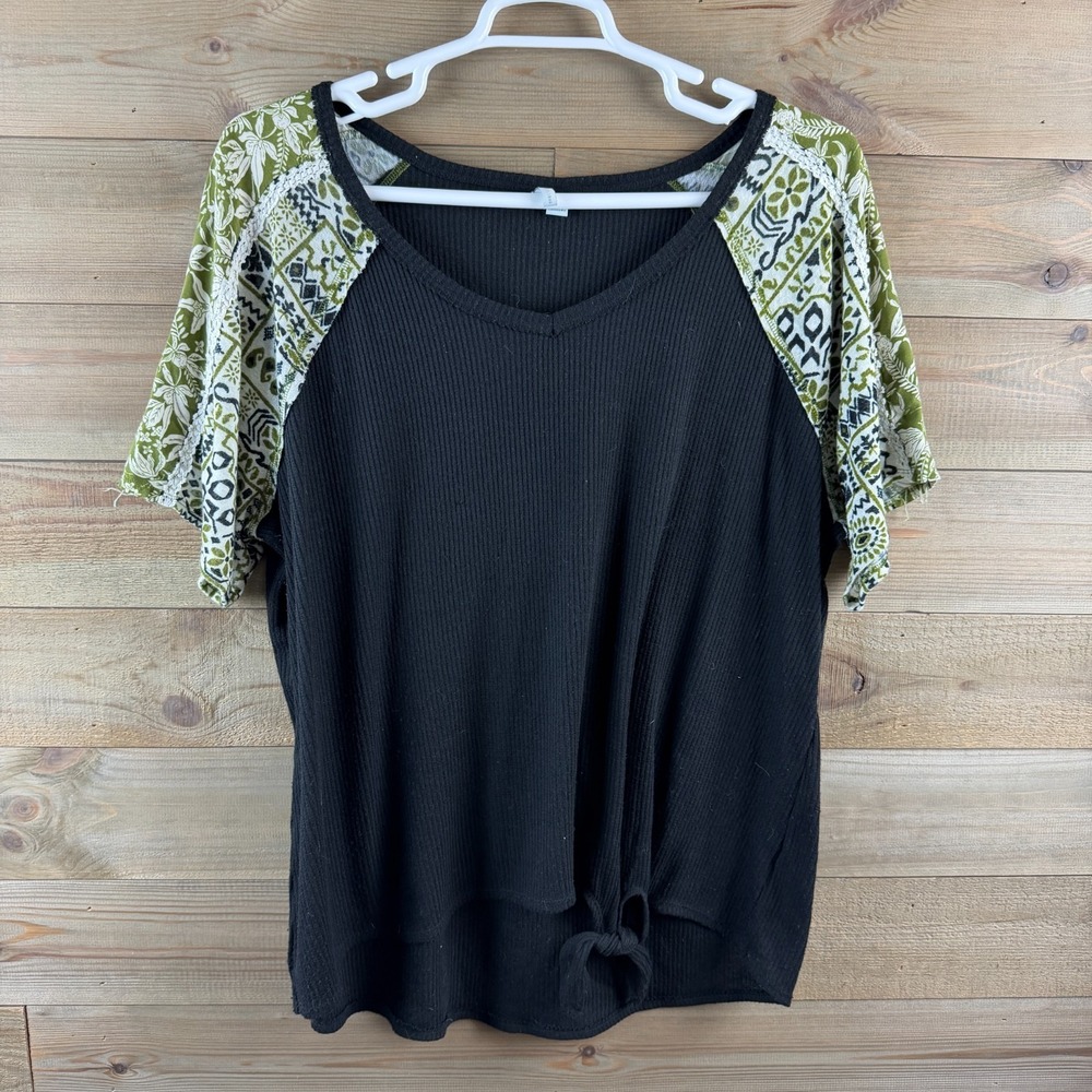 Cato‎ Womens Shirt Short Printed Sleeve Ribbed Body Tie Front Boho 22 24